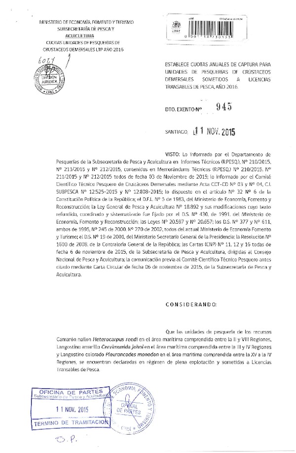 Dec. Ex. N° 945-2015 Establece Cuota Anual de Captura de Crustáceos Demersales Sometidos a Licencias Transables de Pesca que Indica, Año 2016. (F.D.O. 17-11-2015)