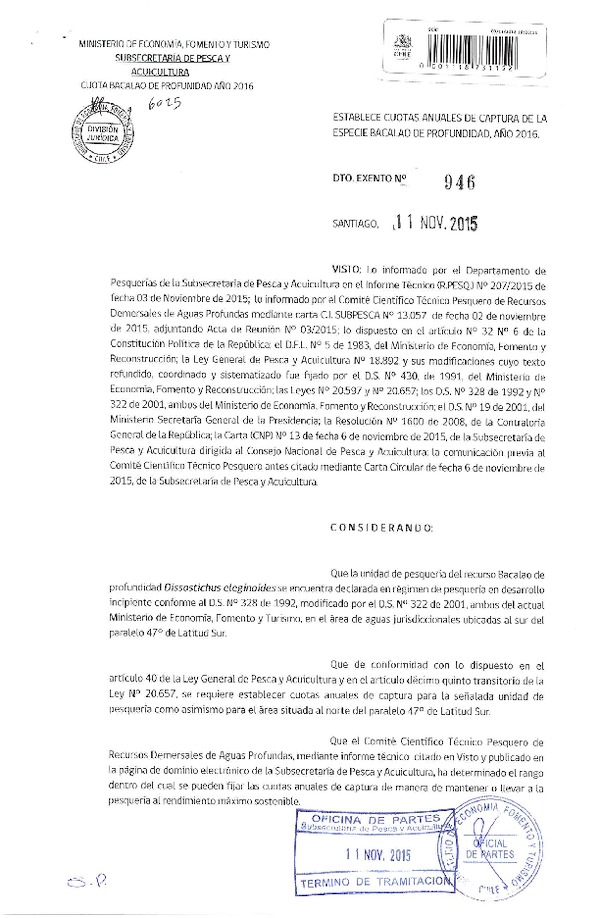 Dec. Ex. Nº 946-2015, Establece Cuota Anual de Captura Recurso Bacalao de Profundidad a Nivel Nacional, Año 2016. (F.D.O. 17-11-2015)