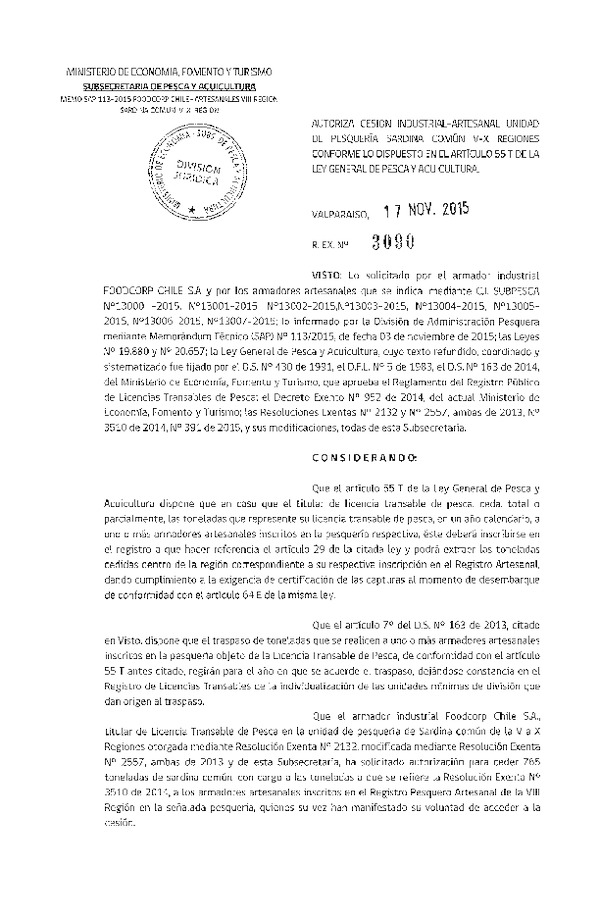 Res. Ex. N° 3090-2015 Autoriza cesión Sardina común VIII Región.