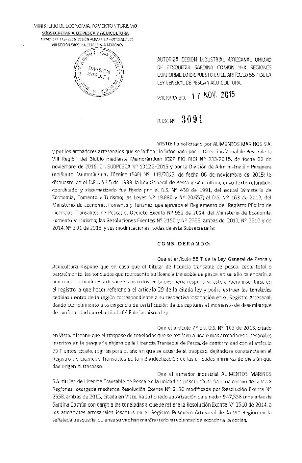 Res. Ex. N° 3091-2015 Autoriza cesión Sardina común VIII Región.