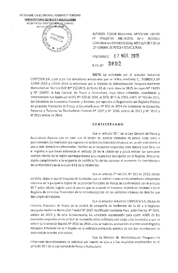 Res. Ex. N° 3092-2015 Autoriza cesión Anchoveta II Región.