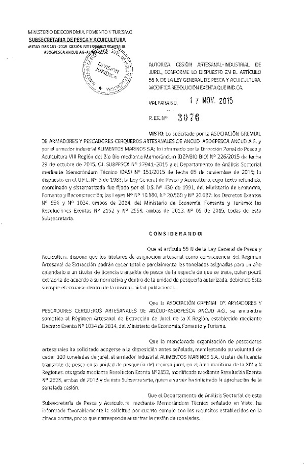 Rec. Ex. N° 3076-2015 Autoriza Cesión Jurel XIV-X Región.