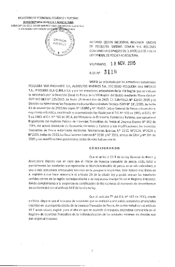 Rec. Ex. N° 3110-2015 Autoriza Cesión Sardina común VIII Región.