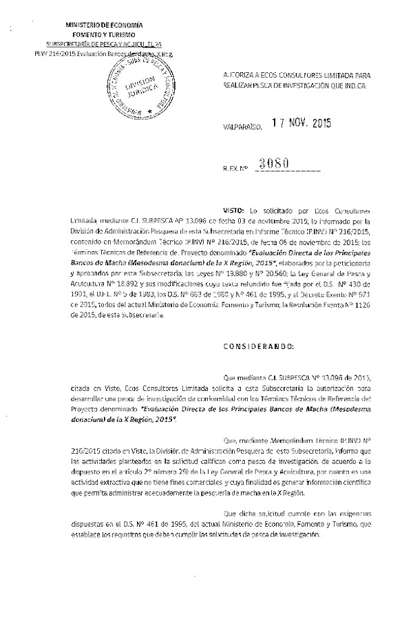Res. Ex. N° 3080-2015 Evaluación directa de los principales bancos de macha de la X Región, 2015.