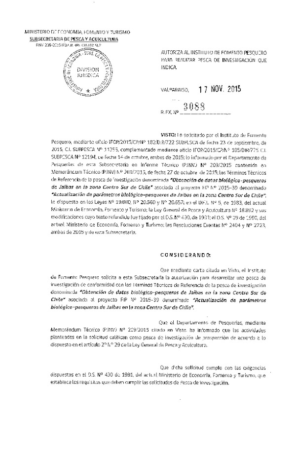 Res. Ex. N° 3088-2015 Obtención de datos biológicos-pesqueros de Jaibas en la Zona Centro Sur de Chile.