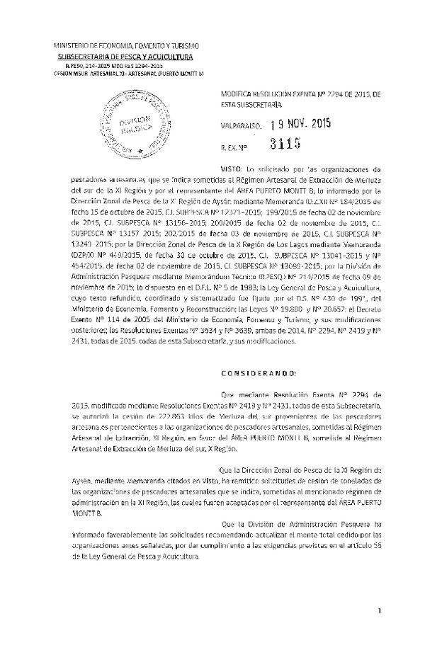Res. Ex. N° 3115-2015 Modifica Res. Ex. N° 2294-2015 Autoriza cesión Merluza del sur, XI Regíón.