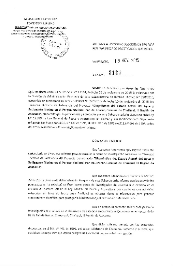 Res. Ex. N° 3137-2015 Diagnóstico del estado actual del agua y sedimento marino en el Parque Nacional Pan de Azúcar, III Región de Atacama.