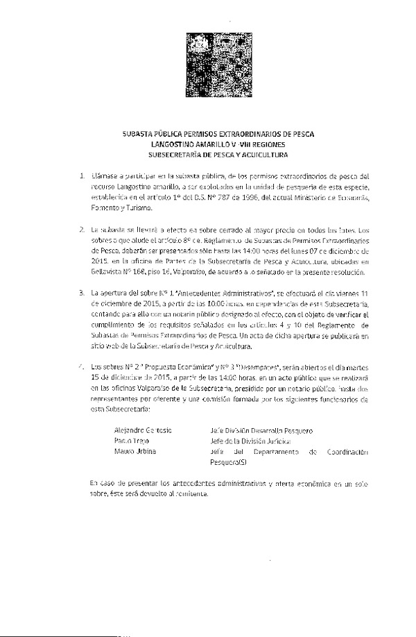 Subasta Pública Permisos Extraordinarios de Pesca Langostino Amarillo V-VIII Regiones.