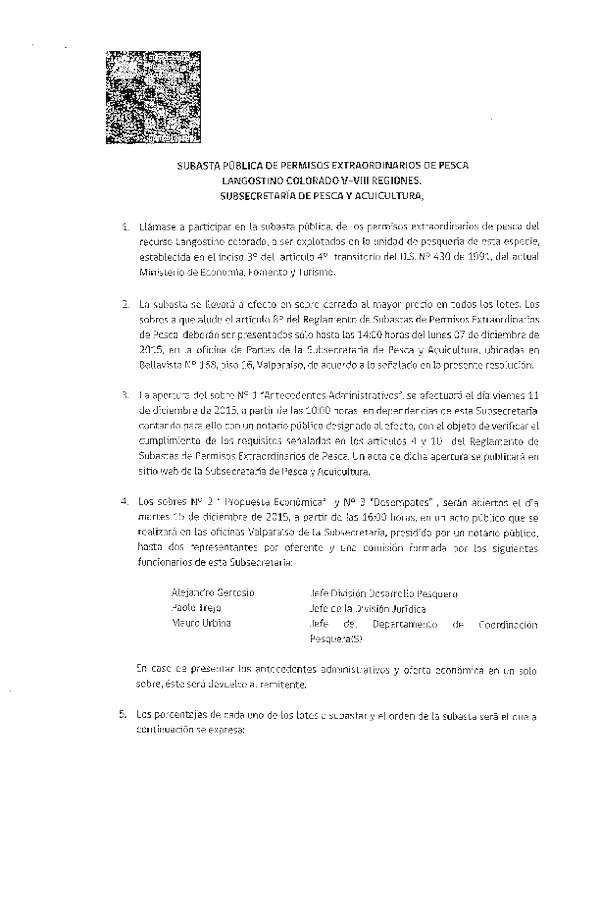 Subasta Pública Permisos Extraordinarios de Pesca Langostino Colorado V-VIII Regiones.