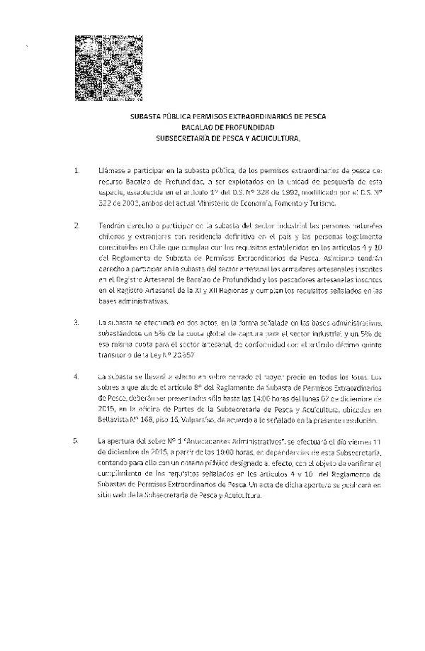 Subasta Pública Permisos Extraordinarios de Pesca Bacalao de Profundidad.