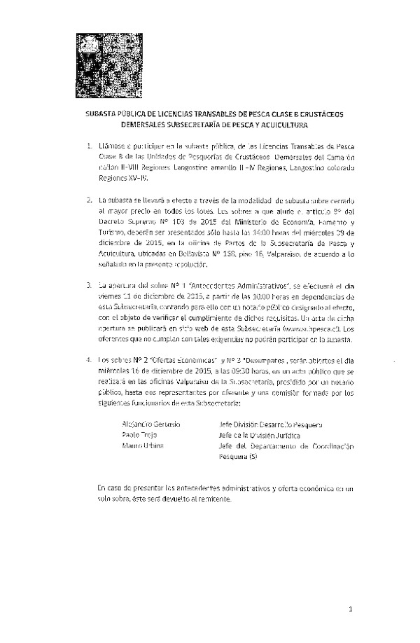 Subasta Pública de Licencias Transables de Pesca Clase B Crustáceos Demersales.