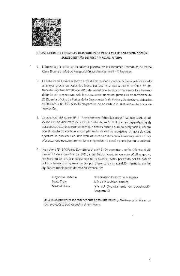 Subasta Pública de Licencias Transables de Pesca Clase B Sardina Común.