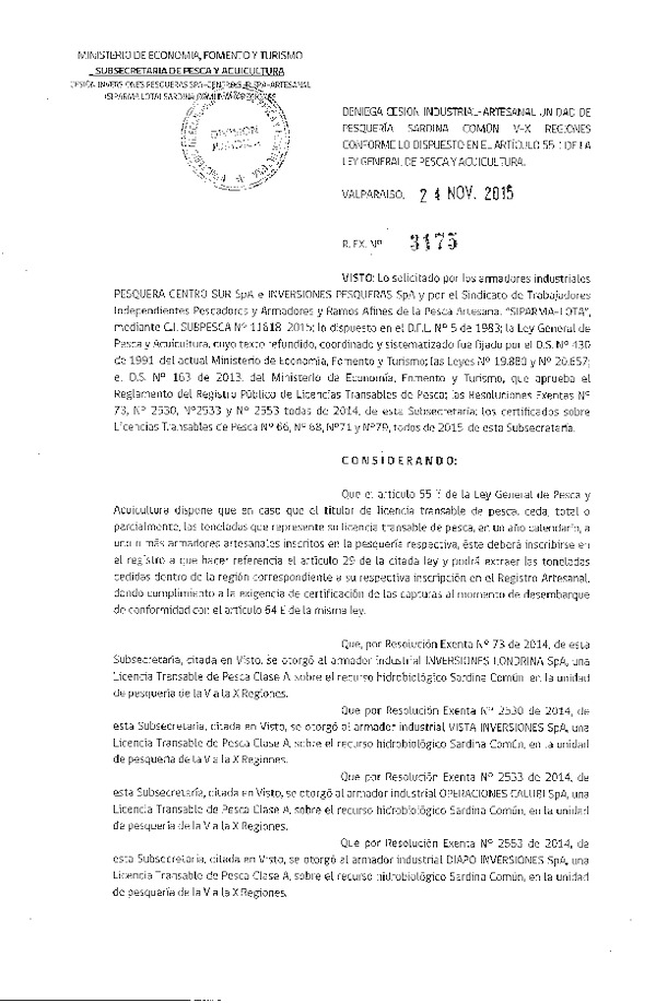 Res. Ex. N° 3175-2015 Deniega cesión Sardina común, V-X Región.
