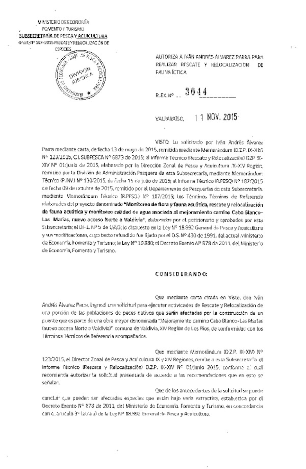 Res. Ex. N° 3044-2015 Monitoreo de flora y fauna acuática, recate y relocalización de fauna acuática, Cabo Blanco, Las Marías, Valdivia.