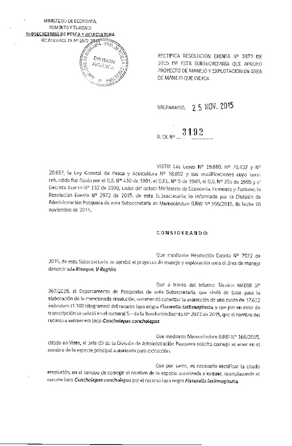 Res. Ex. N° 3192-2015 RECTIFICA Res. Ex. N° 2972-2015 PLAN DE MANEJO.