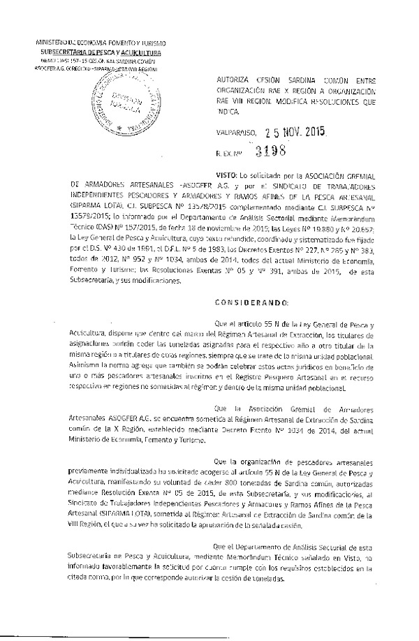 Res. Ex. N° 3198-2015 Autoriza Cesión Sardina Común X a VIII Región.