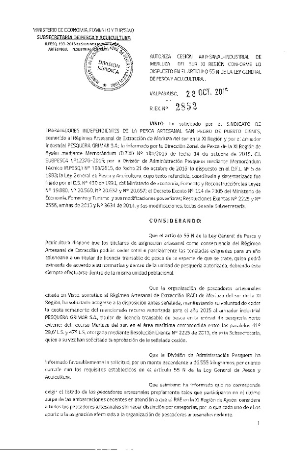 Res. Ex. N° 2852-2015 Autoriza cesión Merluza del sur, XI Región