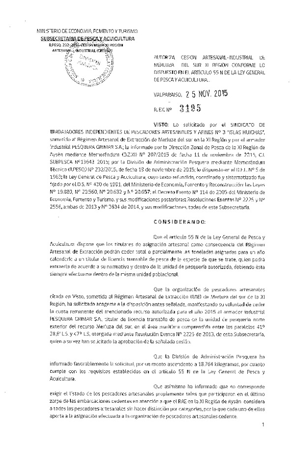 Res. Ex. N° 3195-2015 Autoriza cesión Merluza del sur, XI Región.