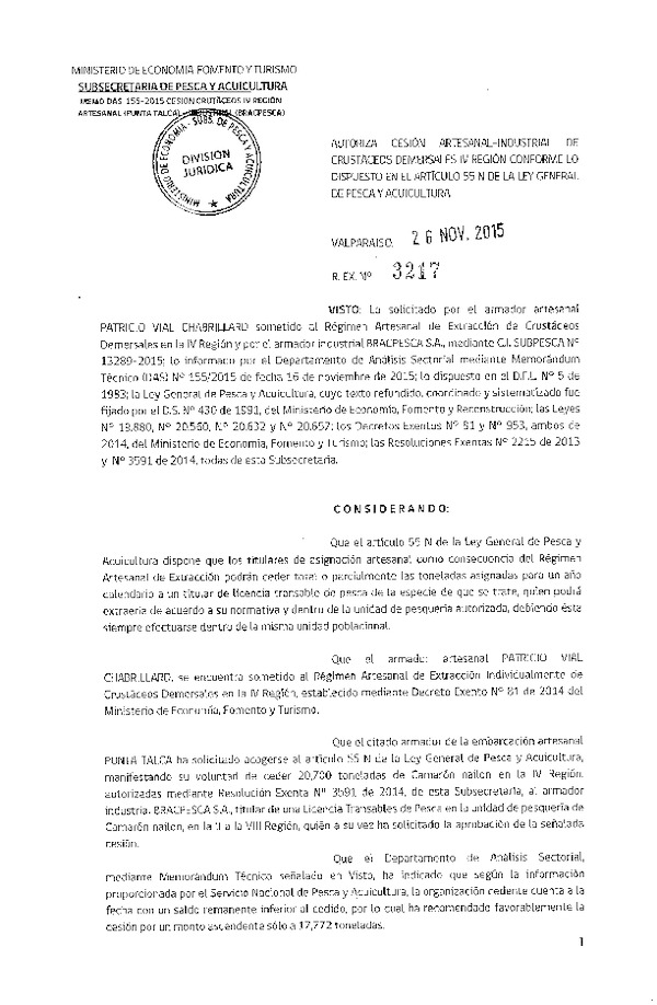 Res. Ex. N° 3217-2015 Autoriza cesión Crustáceos demersales, IV Región.