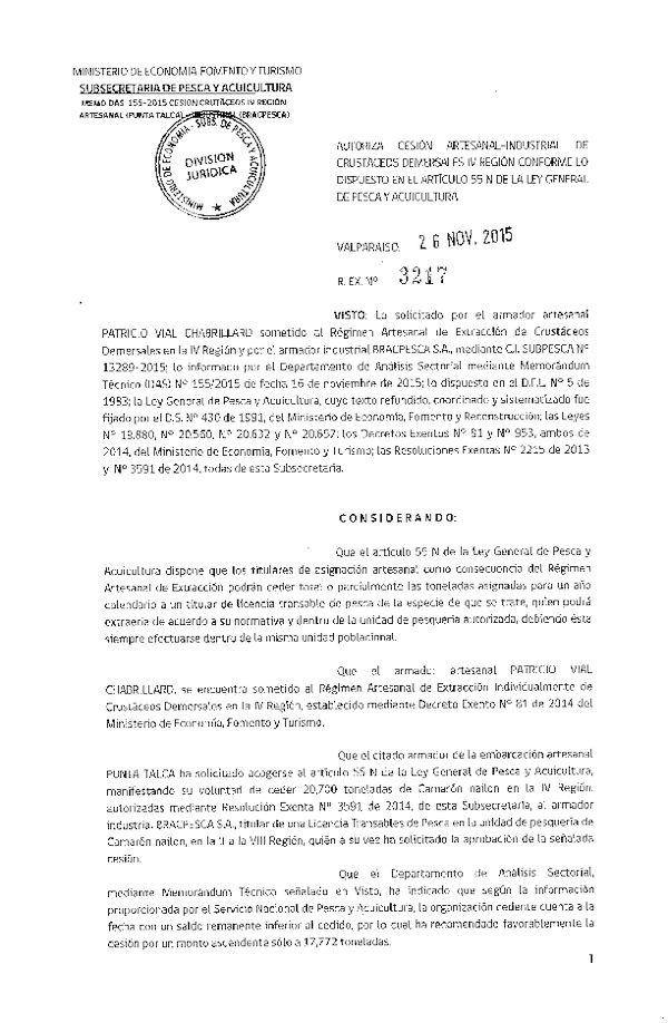 Res. Ex. N° 3217-2015 Autoriza cesión Crustáceos demersales, IV Región.