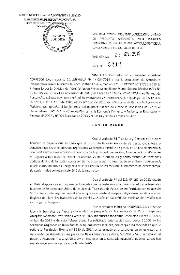 Res. Ex. N° 3212-2015 Autoriza cesión Anchoveta XV-II Región.