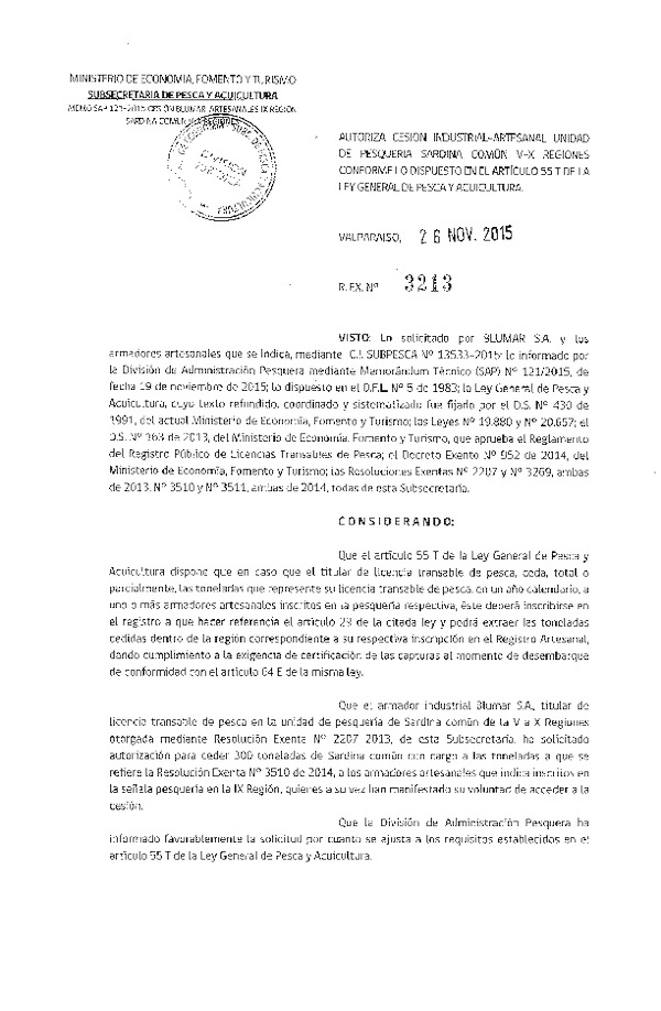Res. Ex. N° 3213-2015 Autoriza cesión Sardina común, V-X Región.