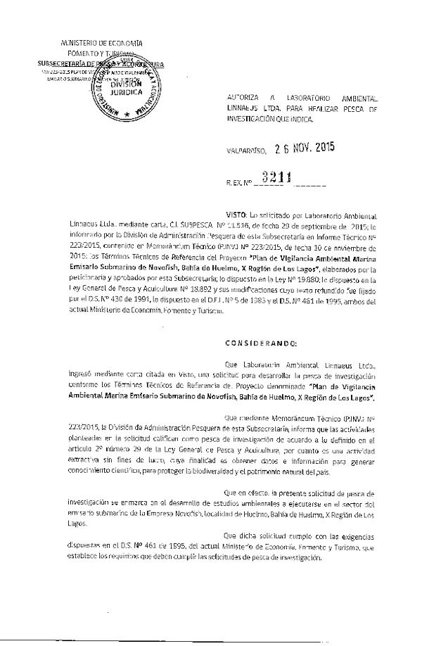Res. Ex. N° 3211-2015 Plan de vigilancia ambiental marina emisario submarino, Bahía de Huelmo, X Región de Los Lagos.