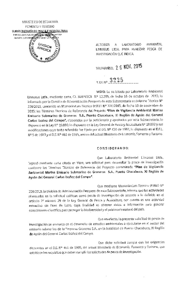 Res. Ex. N° 3225-2015 Plan de vigilancia ambiental marina emisario submarino, Puerto Chacabuco, Xi Región.