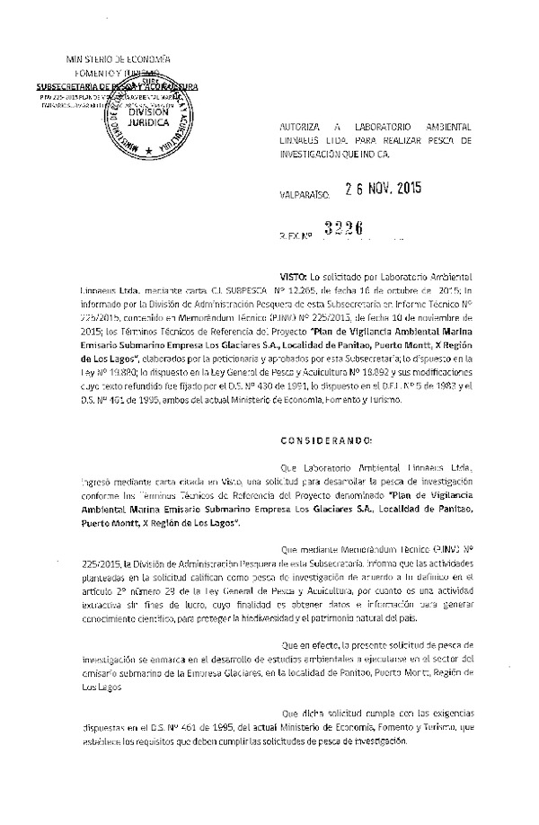 Res. Ex. N° 3226-2015 Plan de vigilancia ambiental marina emisario submarino, Localidad de Panitao, Puerto Montt, X Región.