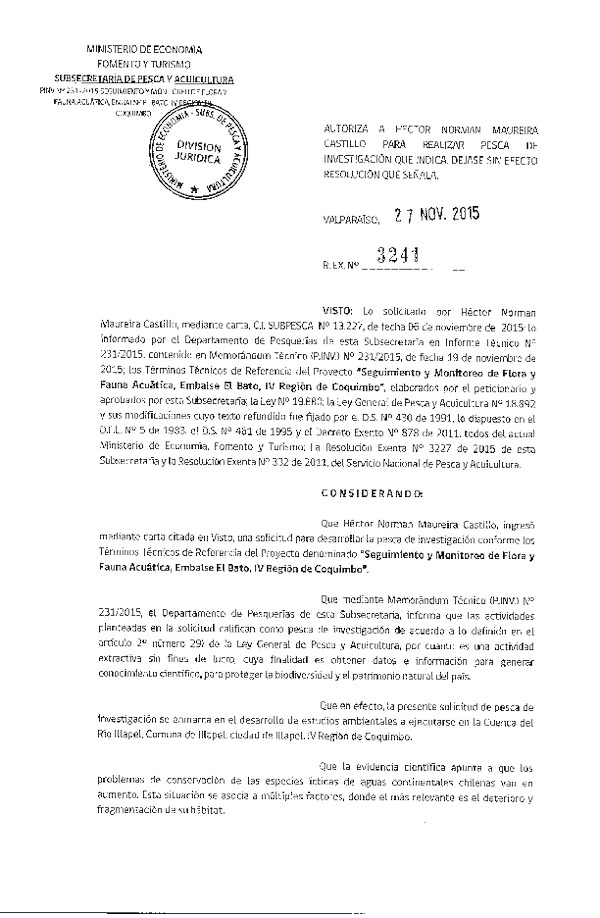 Res. Ex. N° 3241-2015 Seguimiento y monitoreo de flora y fauna acuática, embalse El Bato, IV Región de Coquimbo.