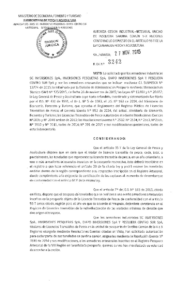 Res. Ex. N° 3242-2015 Autoriza cesión Sardina común VIII Región.