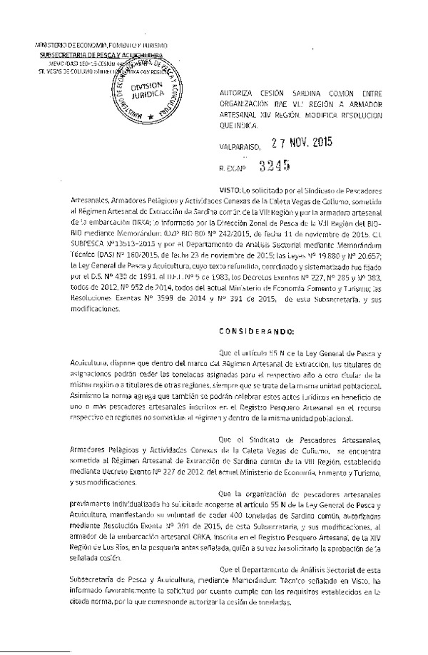 Res. Ex. N° 3245-2015 Autoriza cesión sardina común, XIV Regíón. Modifica Resolución que Indica.
