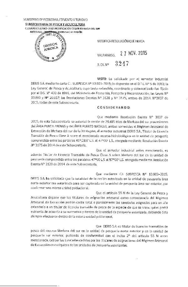Res. Ex. N° 3247-2015 Modifica Res. Ex. N° 3037-2015 Autoriza cesión Merluza del sur XII Región.