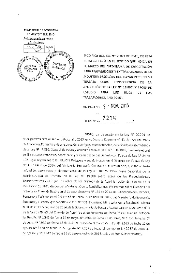 Res. Ex. N° 3238-2015 Modifica Res. Ex. N° 2163-2015 Fija 2° Nómina de beneficiarios del "Programa de Capacitación para Trabajadores y Ex Trabajadores de la Industria Pesquera".