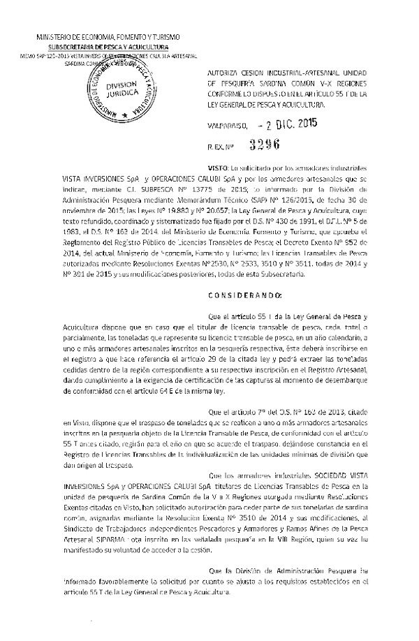 Res. Ex. N° 3296-2015 Autoriza cesión sardina común, VIII Región.