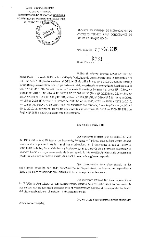 Res. Ex. N° 3261-2015 Rechaza Solicitudes de Concesión de Acuicultura.