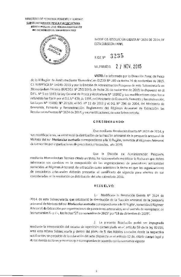 Res. Ex. N° 3235-2015 Modifica Res. Ex. N° 3634-2014 Distribución de la Fracción Artesanal de Pesquería de Merluza del sur por Organizaciones XI Región, Año 2015. (F.D.O. 04-12-2015)