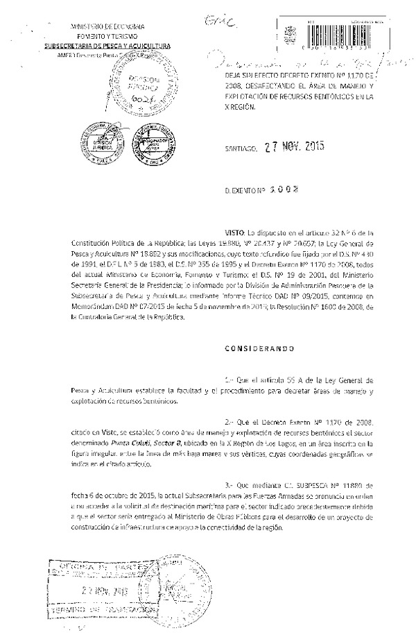 Dec. Ex. N° 1002-2015 Deja sin efecto Dec. Ex. N° 1170-2008 Área de Manejo Punta Cululi, Sector B, X Región. (F.D.O. 04-12-2015)