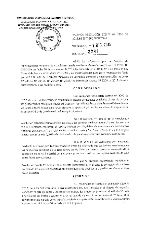 Res. Ex. N° 3281-2015 Modifica Res. Ex. Nº 3200-2013 Establece listado de especies asociadas al Arte de pesca y proporciones para los efectos previstos en el Artículo 33 de la Ley General de Pesca y Acuicultura. (F.D.O. 09-12-2015)