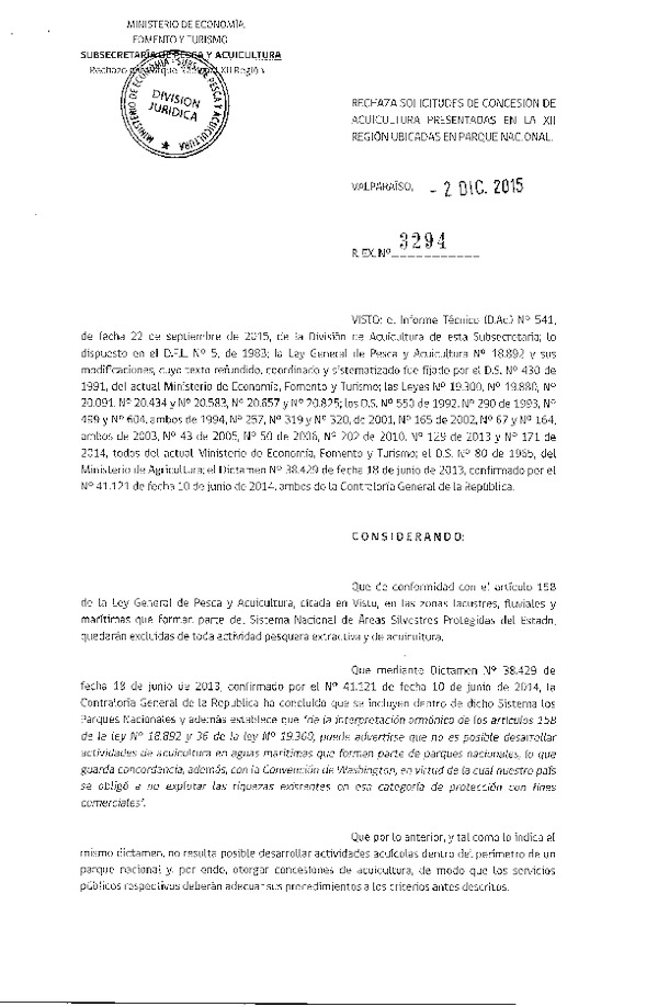 Res. Ex. N° 3294-2015 Rechaza Solicitudes de Concesión de Acuicultura.