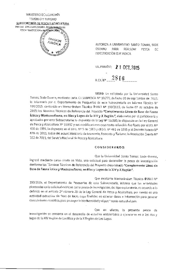 Res. Ex. N° 2816-2015 Complemento línea de base de fauna íctica y mastozoofauna, XIV y X Regiones.