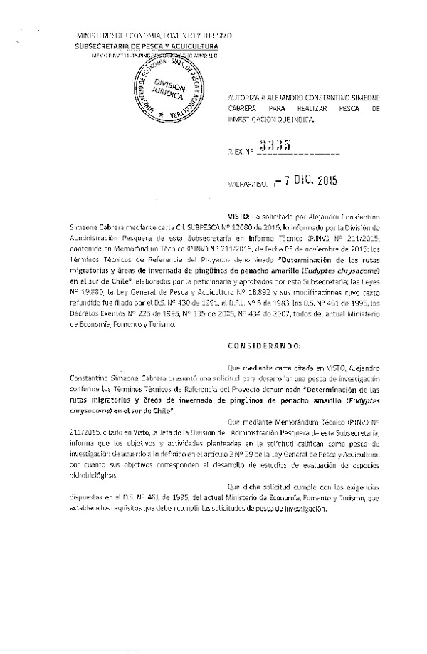 Res. Ex. N° 3335-2015 Determinación de las rutas migratorias y áreas de invernada pingüinos de penacho amarillo.