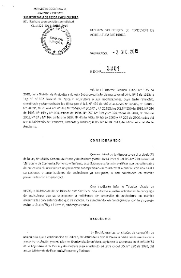 Res. Ex. N° 3301-2015 Rechaza Solicitudes de Concesión de Acuicultura.