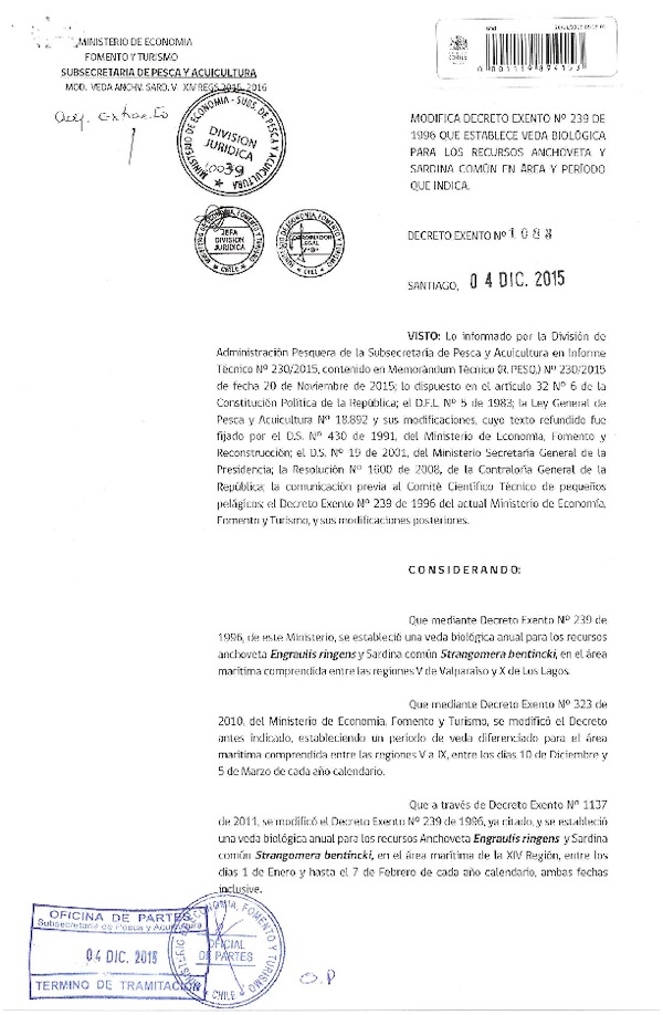 Dec. Ex. N° 1083-2015 Modifica Dec. Ex. N°239-1996 Veda Biológica para los Recursos Anchoveta y Sardina Común V-XIV Región. (F.D.O. 11-12-2015)