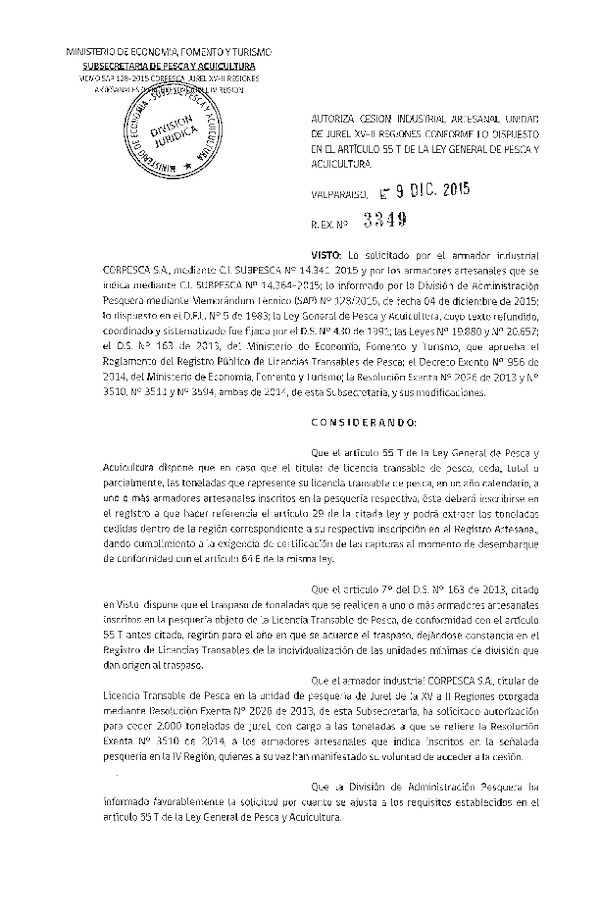 Res. Ex. N° 3349-2015 Autoriza cesión jurel XV-II Región.