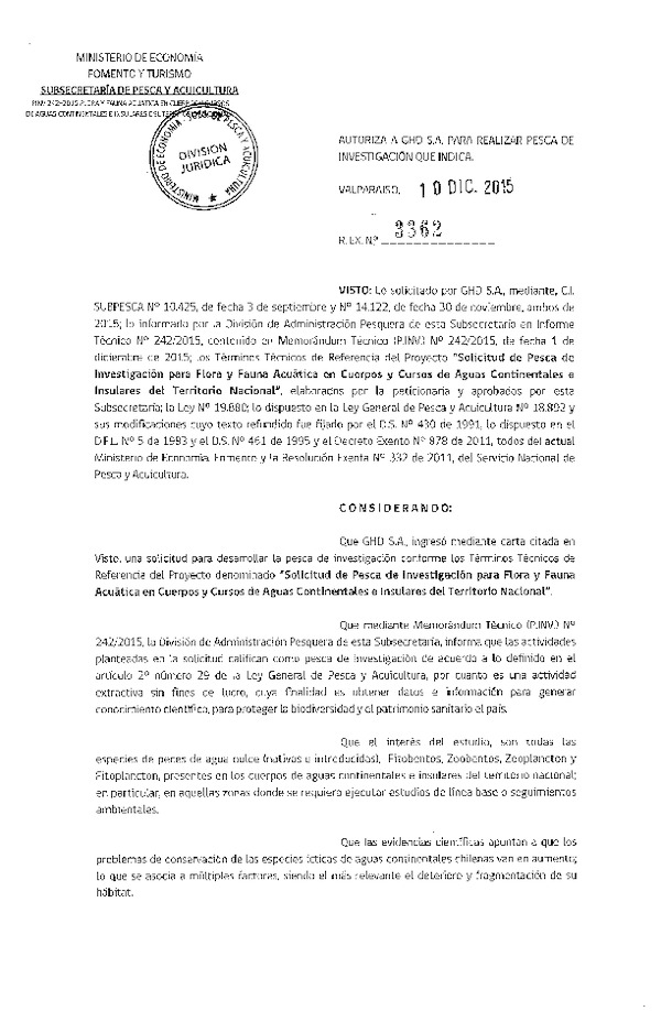 Res. Ex. N° 3362-2015 Solicitud de pesca de investigación para flora y fauna acuática.