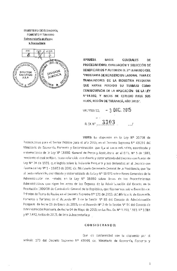 Res. Ex. N° 3303-2015 Aprueba Bases Generales de Procedimiento, Evaluación y Selección de Beneficiarios y autoriza el 2° Llamado del Programa de Reinserción Labaoral.