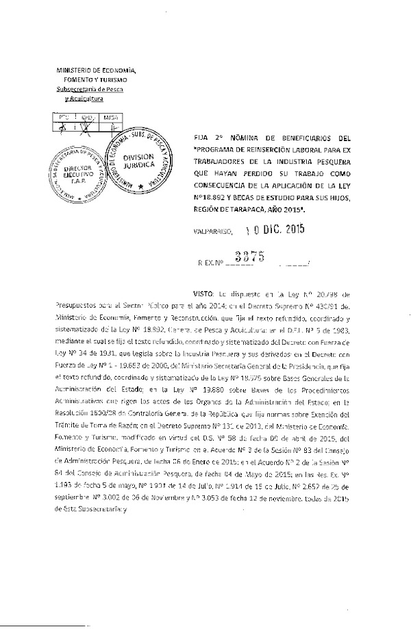 Res. Ex. N° 3375-2015 Fija 2° Nómina de Beneficiarios del Programa de Reinserción Laboral.