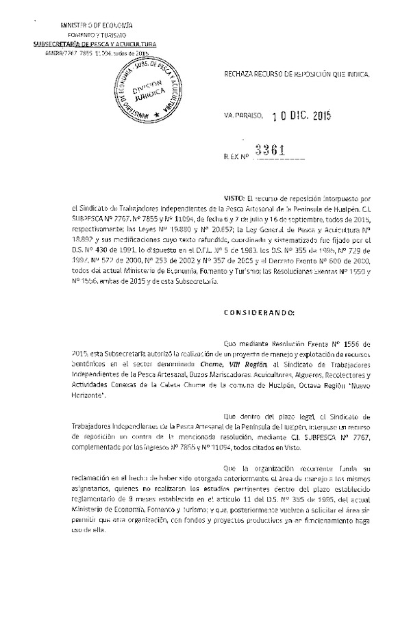 Res. Ex. N° 3361-2015 RECHAZA RECURSO DE REPOSICIÓN.