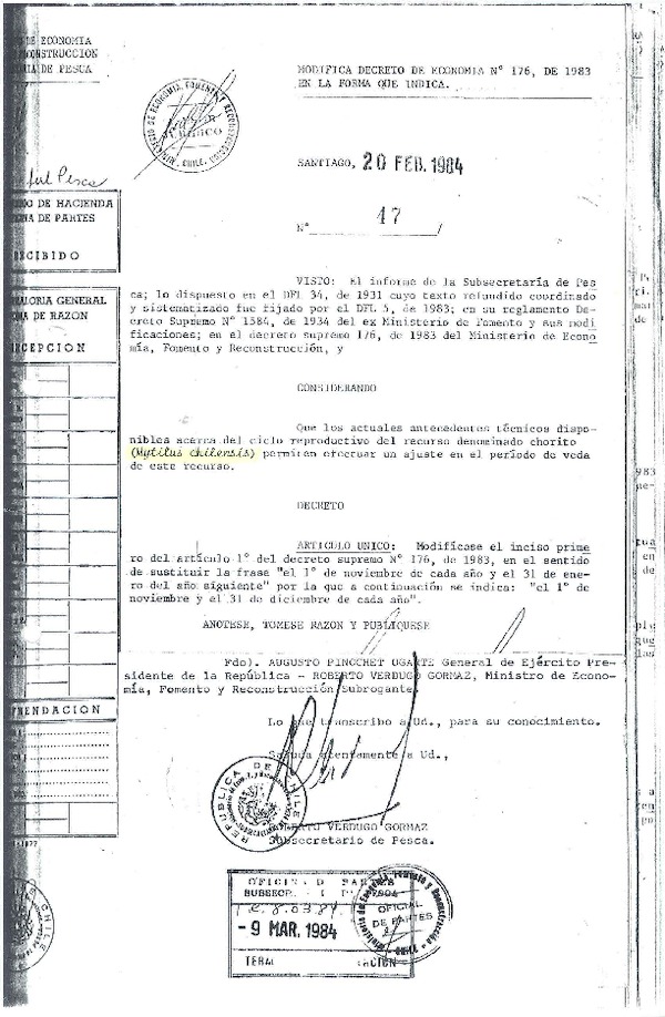 D.S. N° 47-1984 Modfica D.S. N° 176-1983 Veda Recurso Chorito.